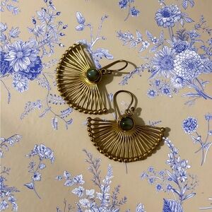 Elegant Gold Fan Earrings with Blue-Grey Stone